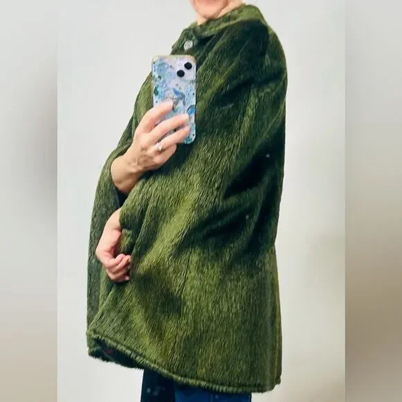 Mid-Century Europe Craft Wool Blend Faux Fur Cape with Arm Slits MEASUREMENTS